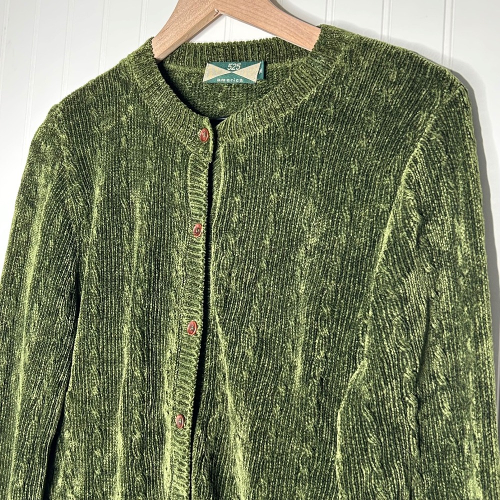Vintage 525 America Womens Cardigan M Olive Green Chenille Cable Knit USA